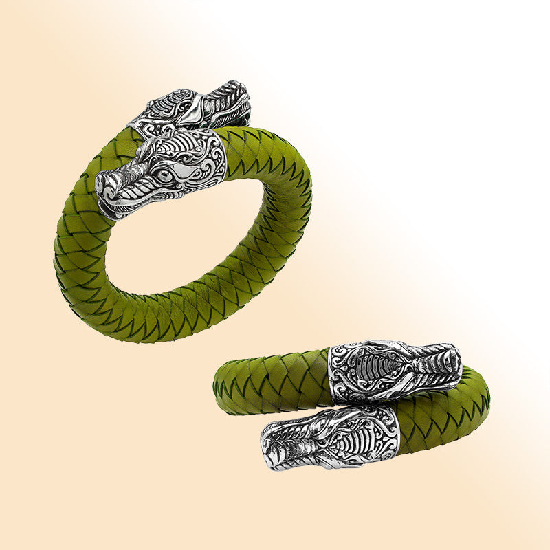 Balinese 925 Sterling Silver Dragon Head Bracelet With Olive Leather For Men