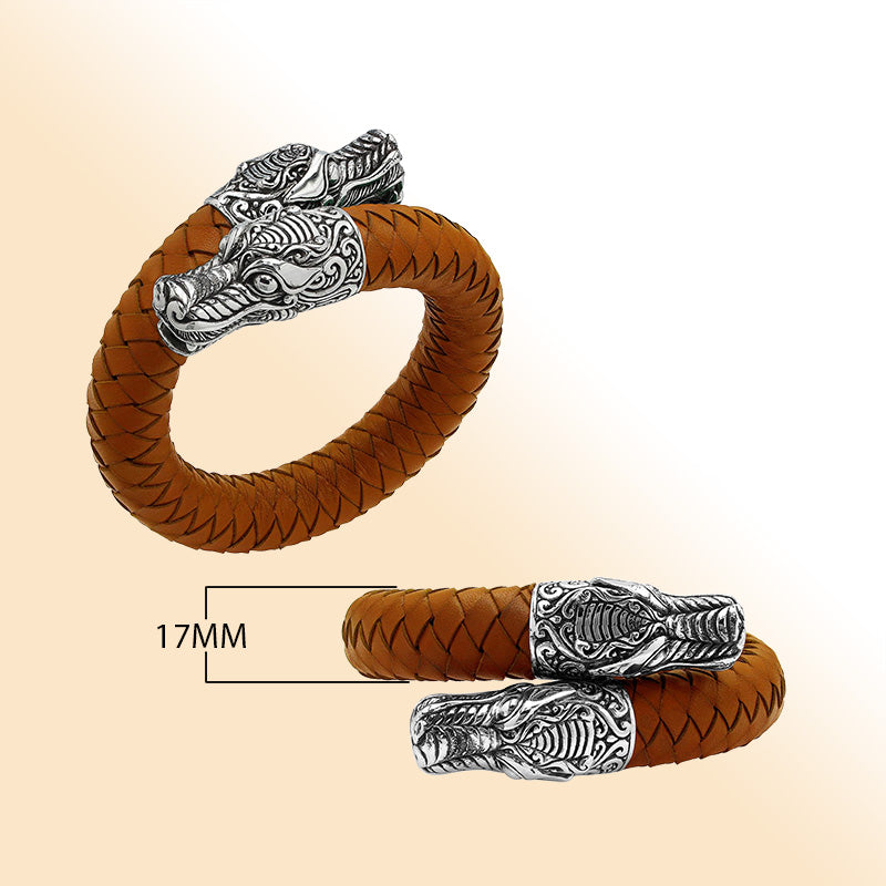 Balinese 925 Sterling Silver Dragon Head Bracelet With Orange Leather For Men