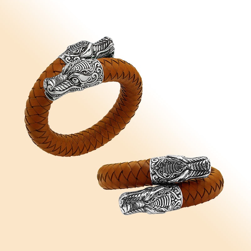 Balinese 925 Sterling Silver Dragon Head Bracelet With Orange Leather For Men