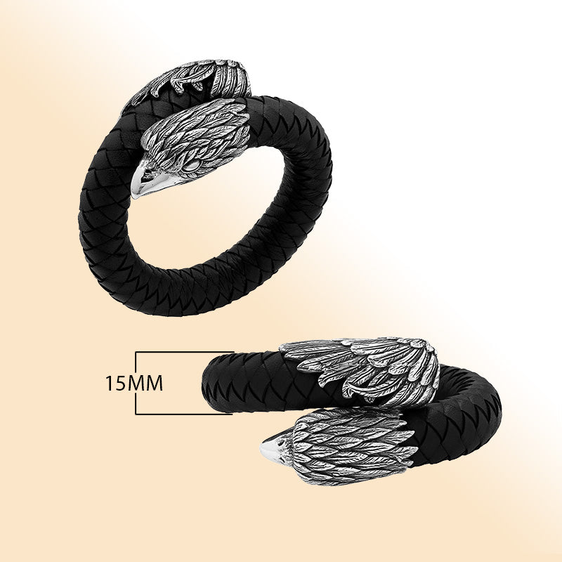 Balinese 925 Sterling Silver Eagle Head Bracelet With Black Leather For Men