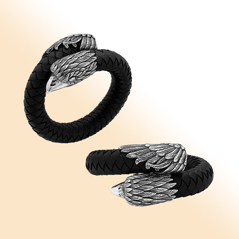 Balinese 925 Sterling Silver Eagle Head Bracelet With Black Leather For Men