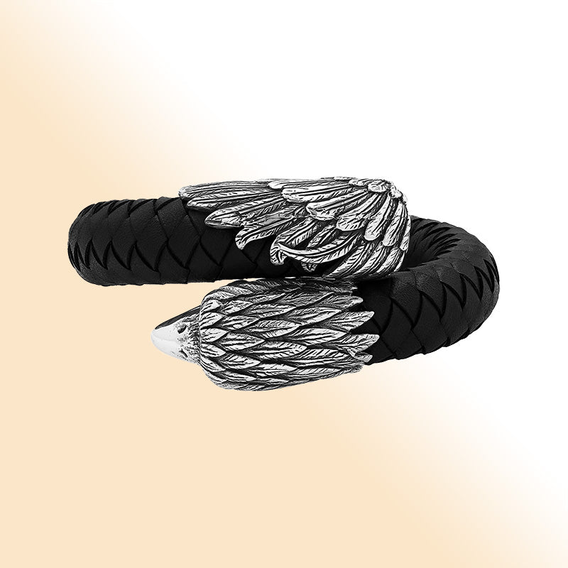 Balinese 925 Sterling Silver Eagle Head Bracelet With Black Leather For Men