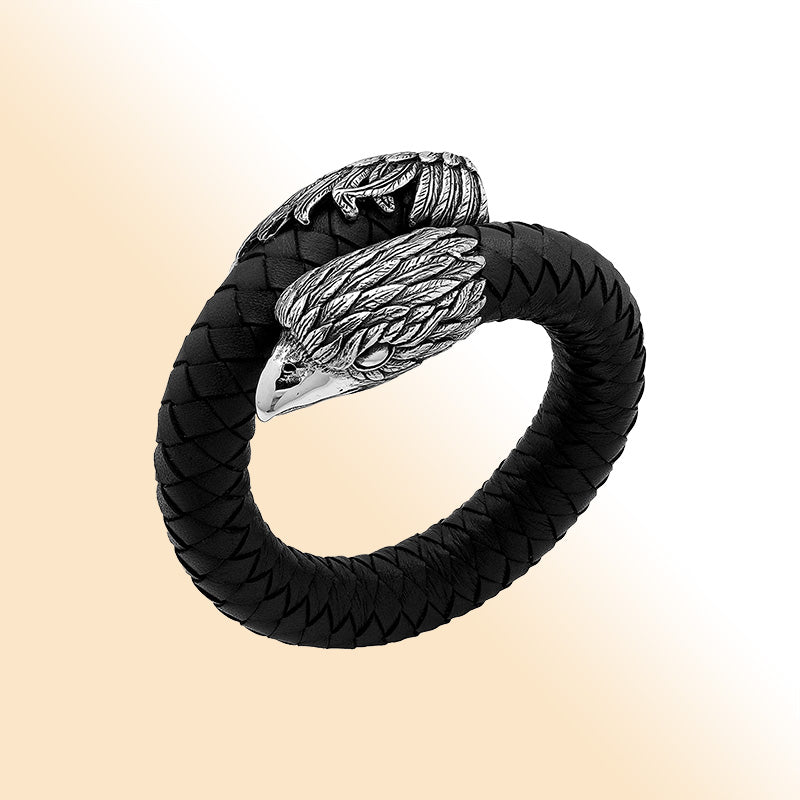 Balinese 925 Sterling Silver Eagle Head Bracelet With Black Leather For Men