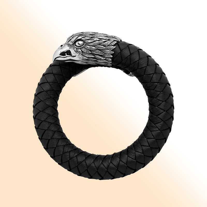 Balinese 925 Sterling Silver Eagle Head Bracelet With Black Leather For Men