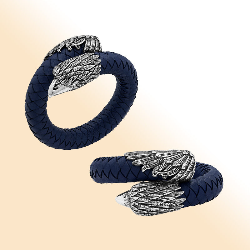 Balinese 925 Sterling Silver Eagle Head Bracelet With Blue Leather For Men