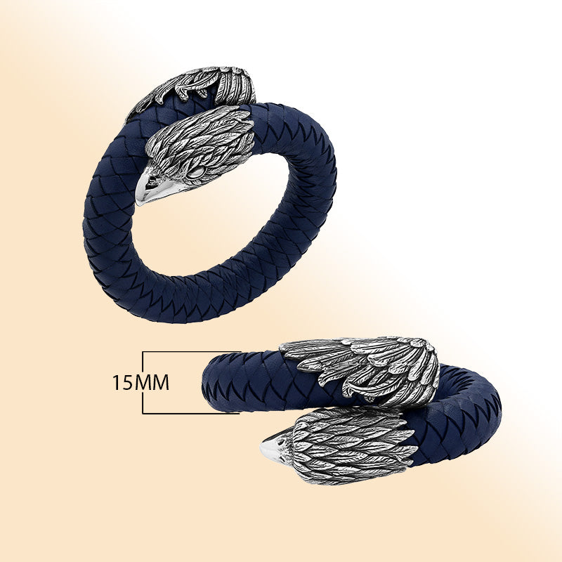 Balinese 925 Sterling Silver Eagle Head Bracelet With Blue Leather For Men