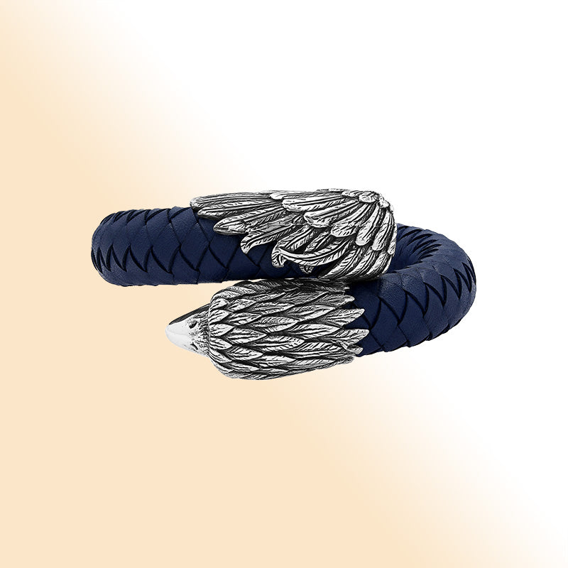Balinese 925 Sterling Silver Eagle Head Bracelet With Blue Leather For Men