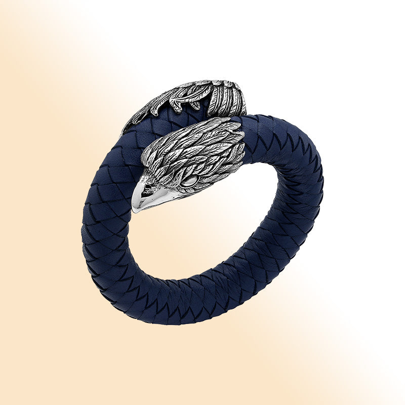 Balinese 925 Sterling Silver Eagle Head Bracelet With Blue Leather For Men