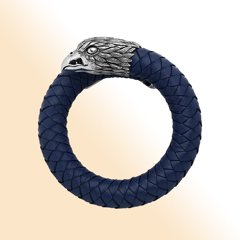 Balinese 925 Sterling Silver Eagle Head Bracelet With Blue Leather For Men