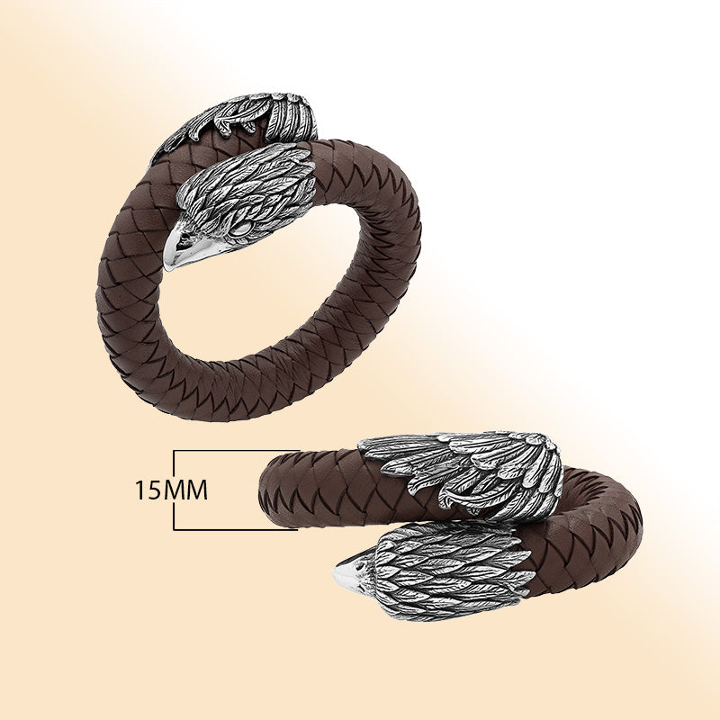 Balinese 925 Sterling Silver Eagle Head Bracelet With Brown Leather For Men