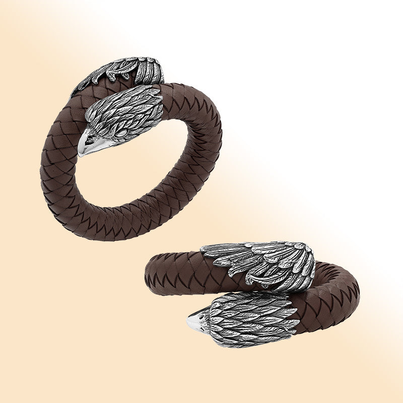 Balinese 925 Sterling Silver Eagle Head Bracelet With Brown Leather For Men