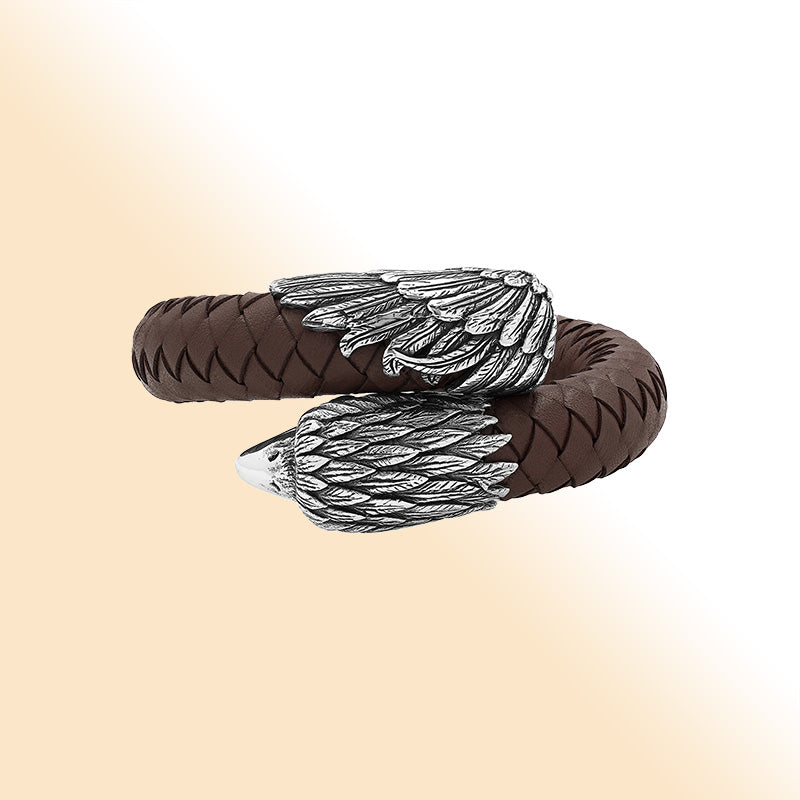 Balinese 925 Sterling Silver Eagle Head Bracelet With Brown Leather For Men