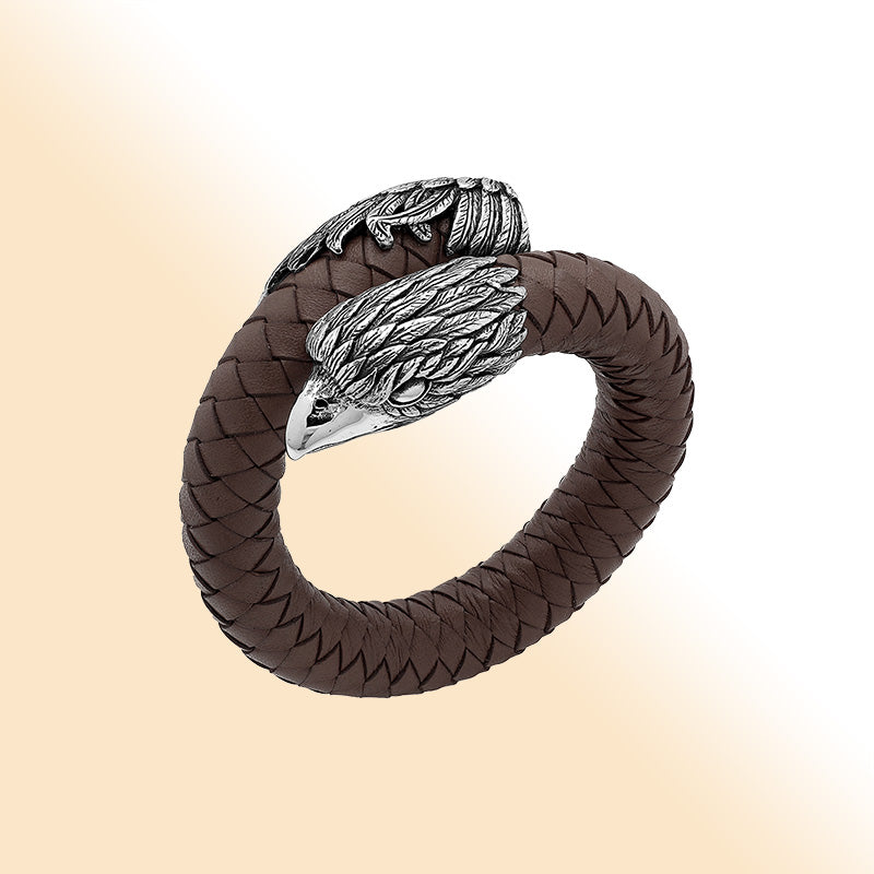 Balinese 925 Sterling Silver Eagle Head Bracelet With Brown Leather For Men