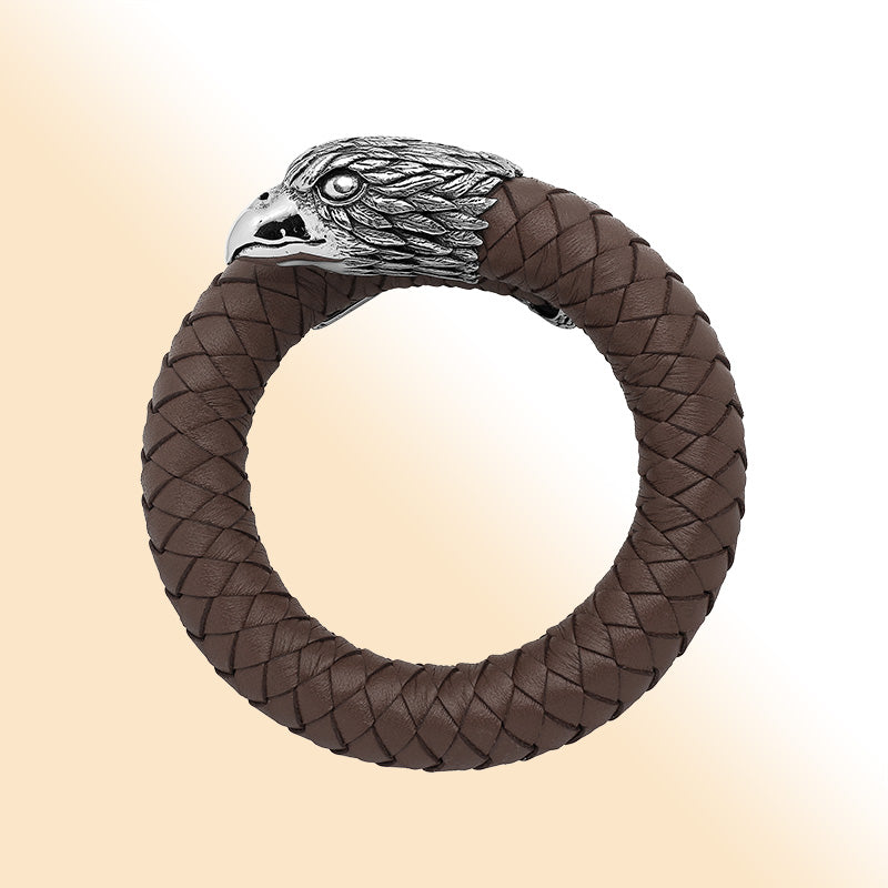 Balinese 925 Sterling Silver Eagle Head Bracelet With Brown Leather For Men