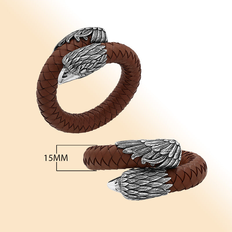 Balinese 925 Sterling Silver Eagle Head Bracelet With Light Brown Leather For Men