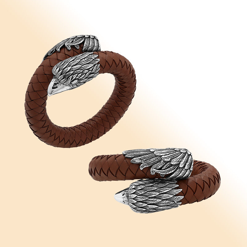 Balinese 925 Sterling Silver Eagle Head Bracelet With Light Brown Leather For Men