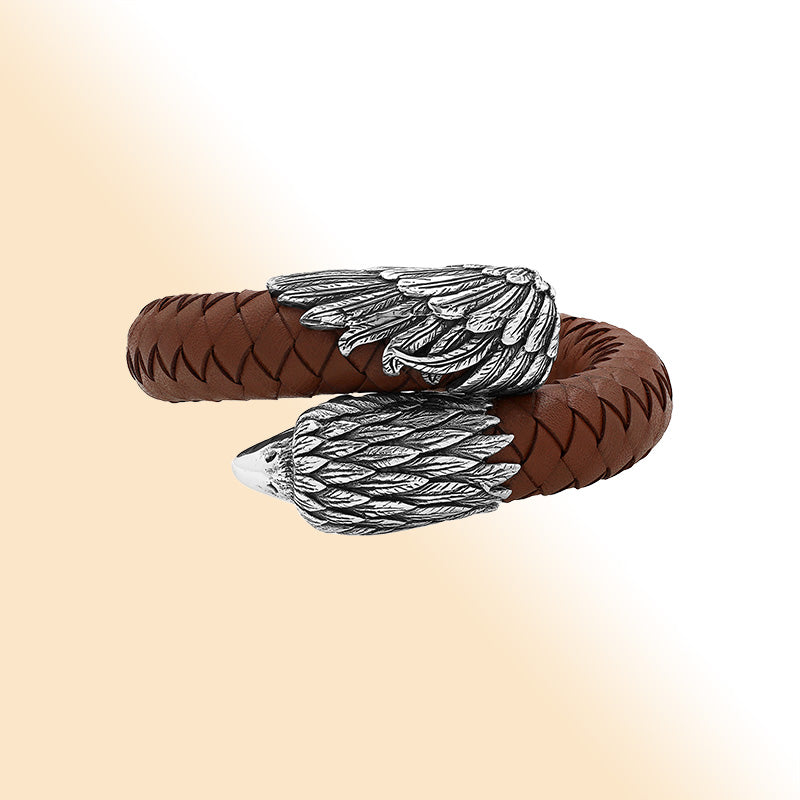 Balinese 925 Sterling Silver Eagle Head Bracelet With Light Brown Leather For Men