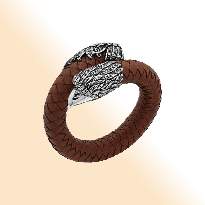 Balinese 925 Sterling Silver Eagle Head Bracelet With Light Brown Leather For Men