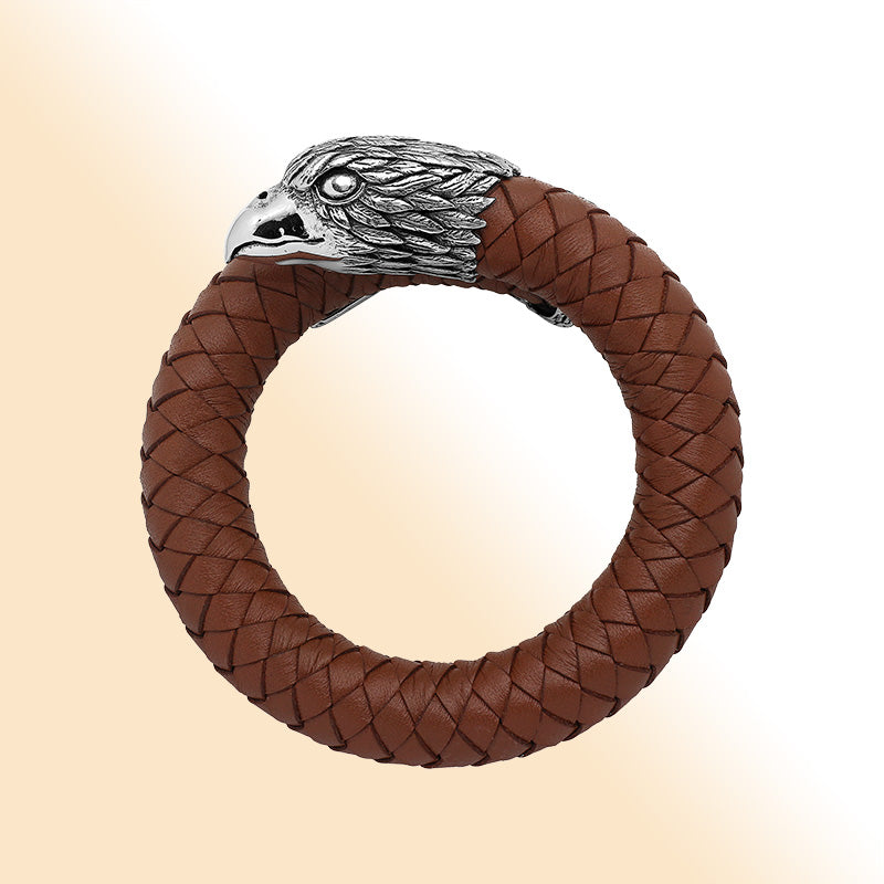 Balinese 925 Sterling Silver Eagle Head Bracelet With Light Brown Leather For Men