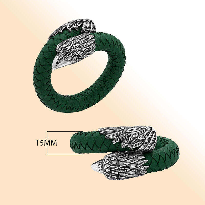 Balinese 925 Sterling Silver Eagle Head Bracelet With Green Leather For Men
