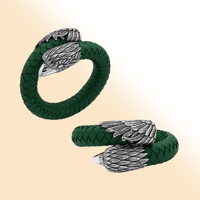 Balinese 925 Sterling Silver Eagle Head Bracelet With Green Leather For Men