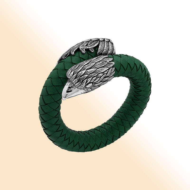 Balinese 925 Sterling Silver Eagle Head Bracelet With Green Leather For Men