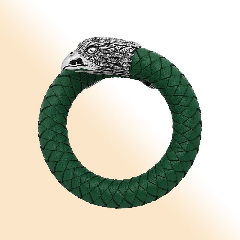 Balinese 925 Sterling Silver Eagle Head Bracelet With Green Leather For Men