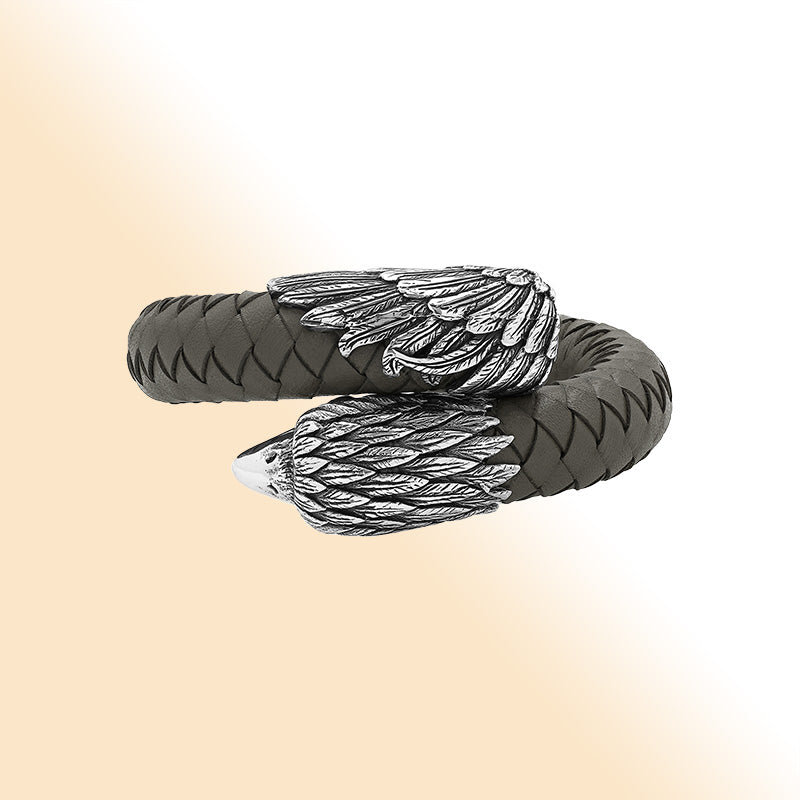 Balinese 925 Sterling Silver Eagle Head Bracelet With Grey Leather For Men