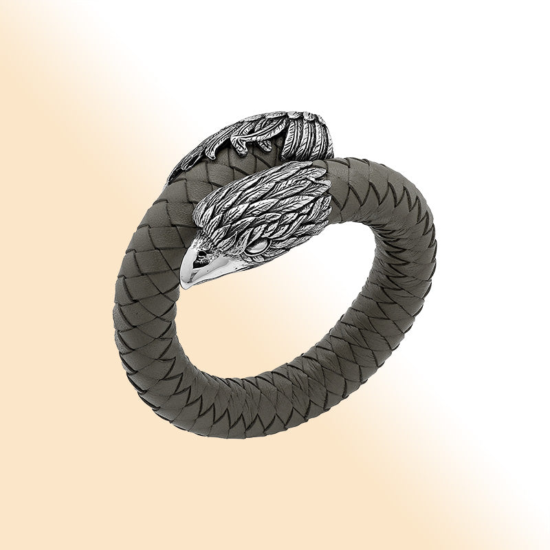 Balinese 925 Sterling Silver Eagle Head Bracelet With Grey Leather For Men