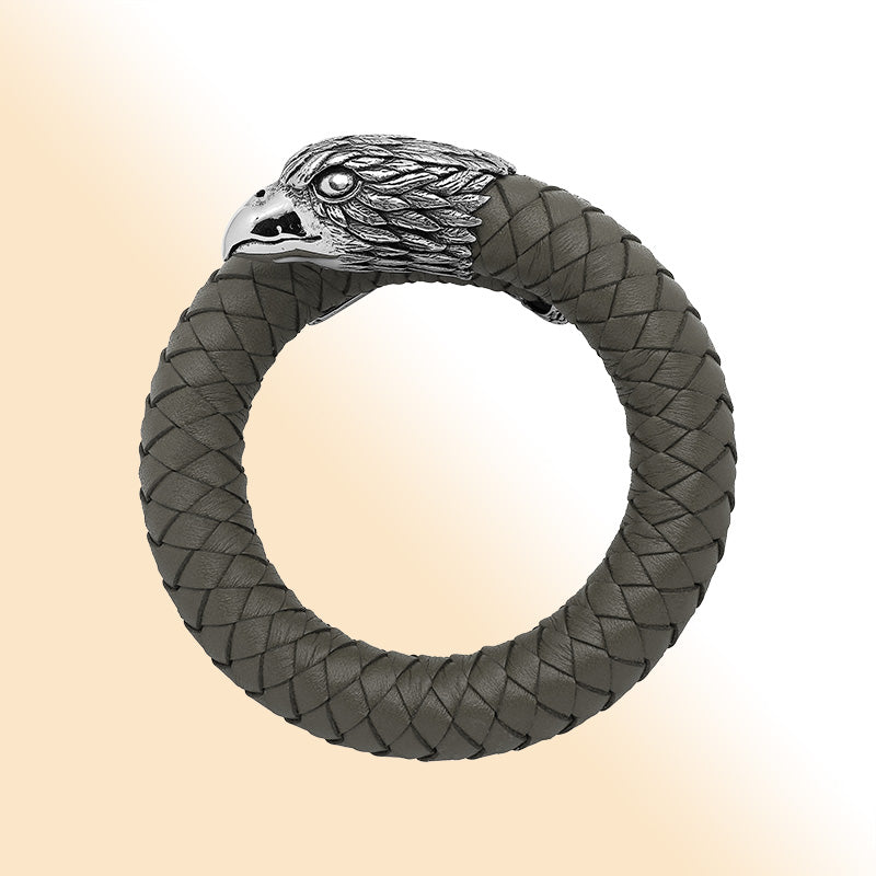 Balinese 925 Sterling Silver Eagle Head Bracelet With Grey Leather For Men
