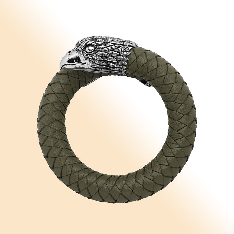 Balinese 925 Sterling Silver Eagle Head Bracelet With Olive Leather For Men