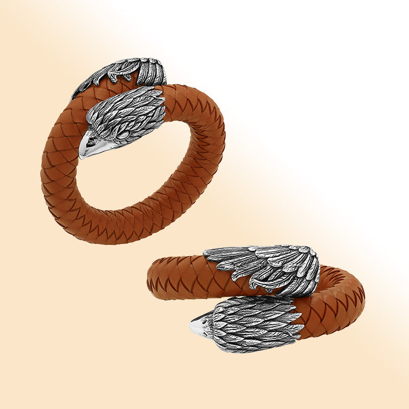 Balinese 925 Sterling Silver Eagle Head Bracelet With Orange Leather For Men