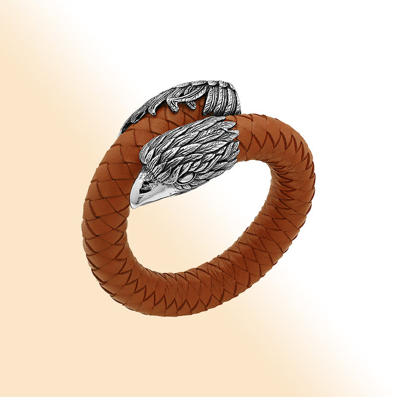 Balinese 925 Sterling Silver Eagle Head Bracelet With Orange Leather For Men