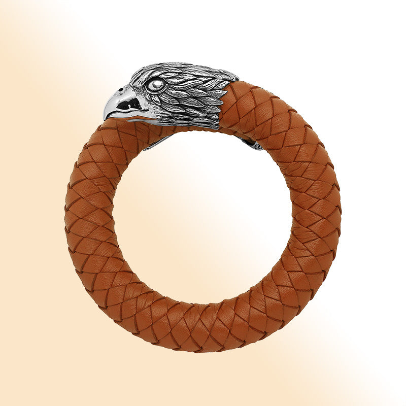 Balinese 925 Sterling Silver Eagle Head Bracelet With Orange Leather For Men
