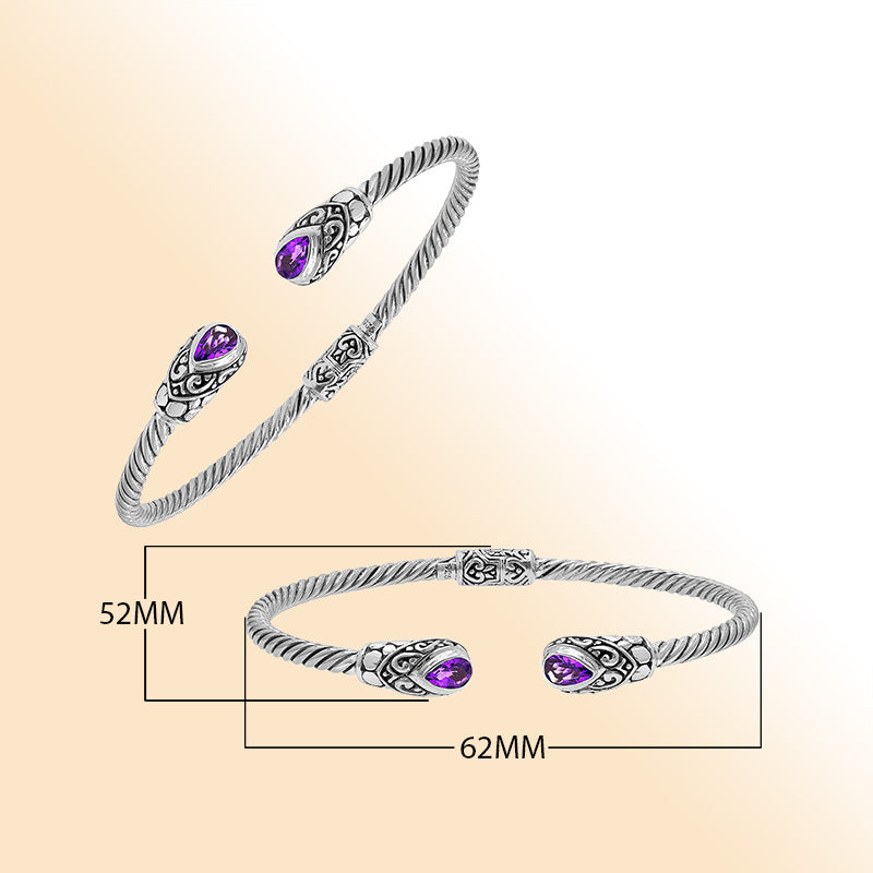 Balinese 925 Sterling Silver Bangle With Amethyst Quartz Stones For Women