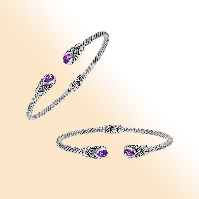 Balinese 925 Sterling Silver Bangle With Amethyst Quartz Stones For Women