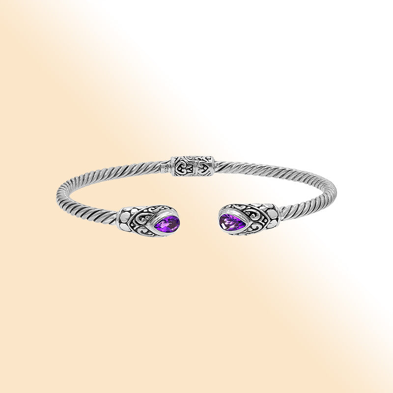 Balinese 925 Sterling Silver Bangle With Amethyst Quartz Stones For Women