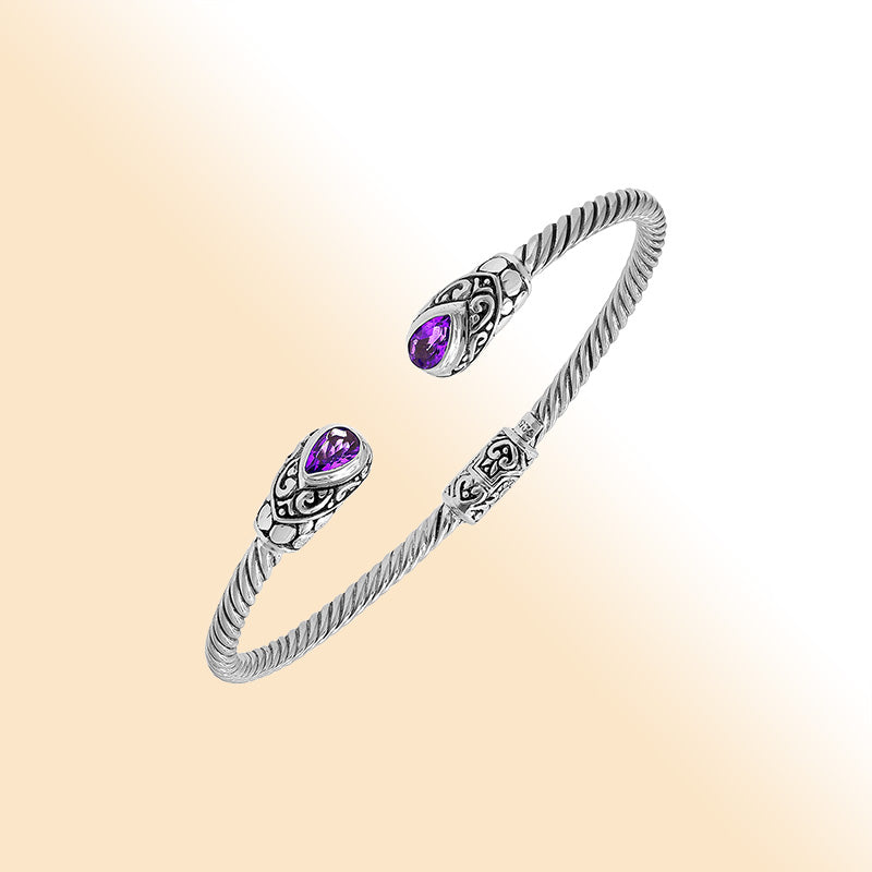 Balinese 925 Sterling Silver Bangle With Amethyst Quartz Stones For Women