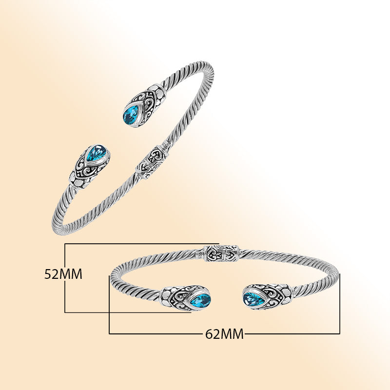 Balinese Blue Topaz Quartz Silver Bangle With Twisted Cable Design And Hinge Lock