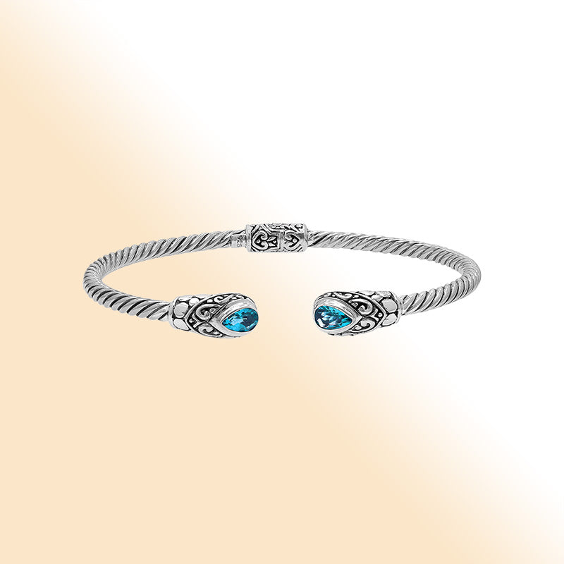 Balinese Blue Topaz Quartz Silver Bangle With Twisted Cable Design And Hinge Lock