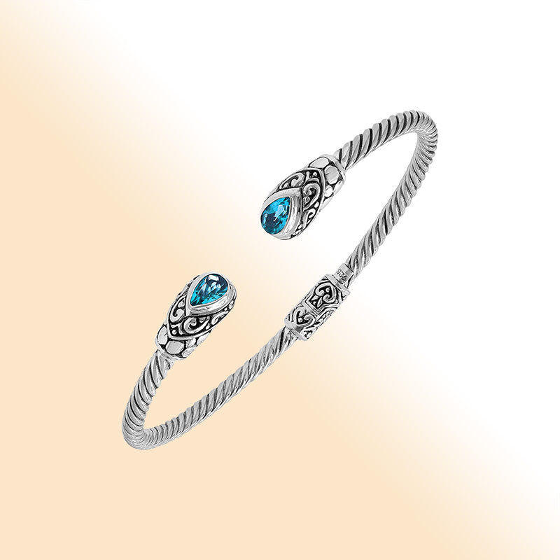 Balinese Blue Topaz Quartz Silver Bangle With Twisted Cable Design And Hinge Lock