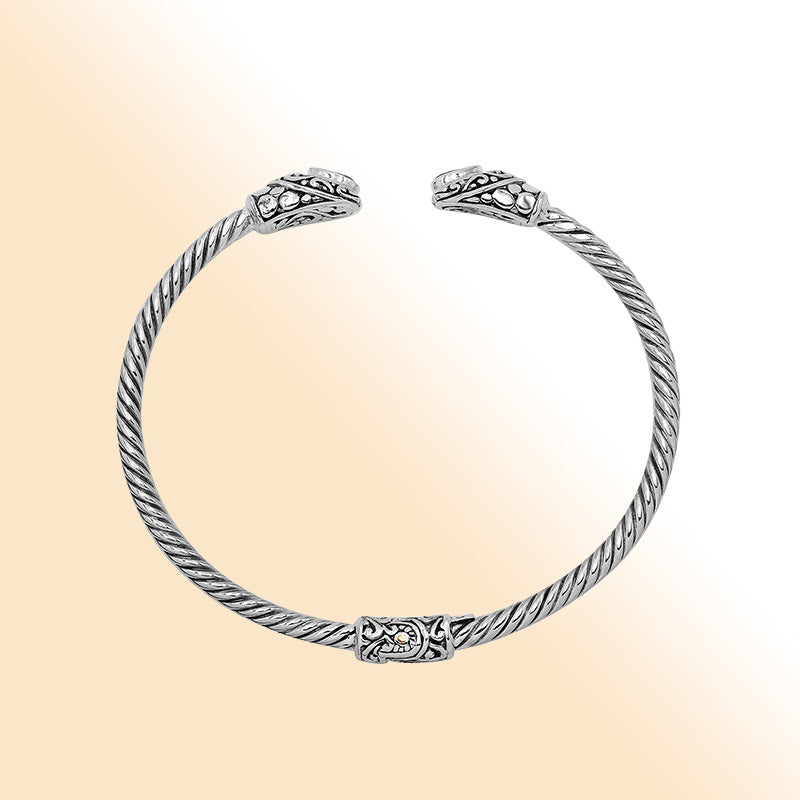 Sterling silver Balinese cuff bangle with Garnet Quartz charms and ornate scroll design.