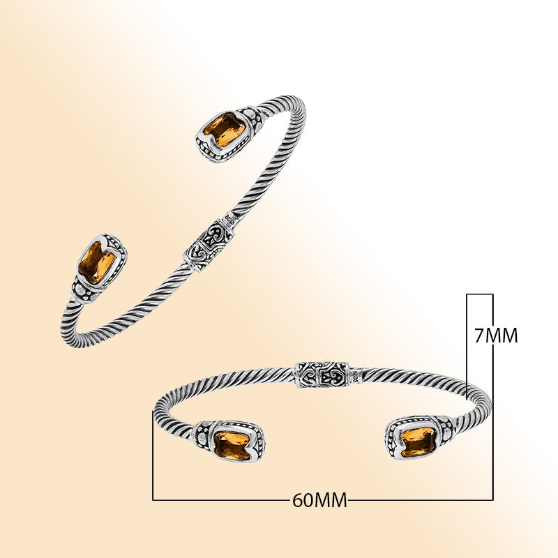 Sterling silver Balinese cuff bangle with Citrine Quartz accents and detailed scrollwork.