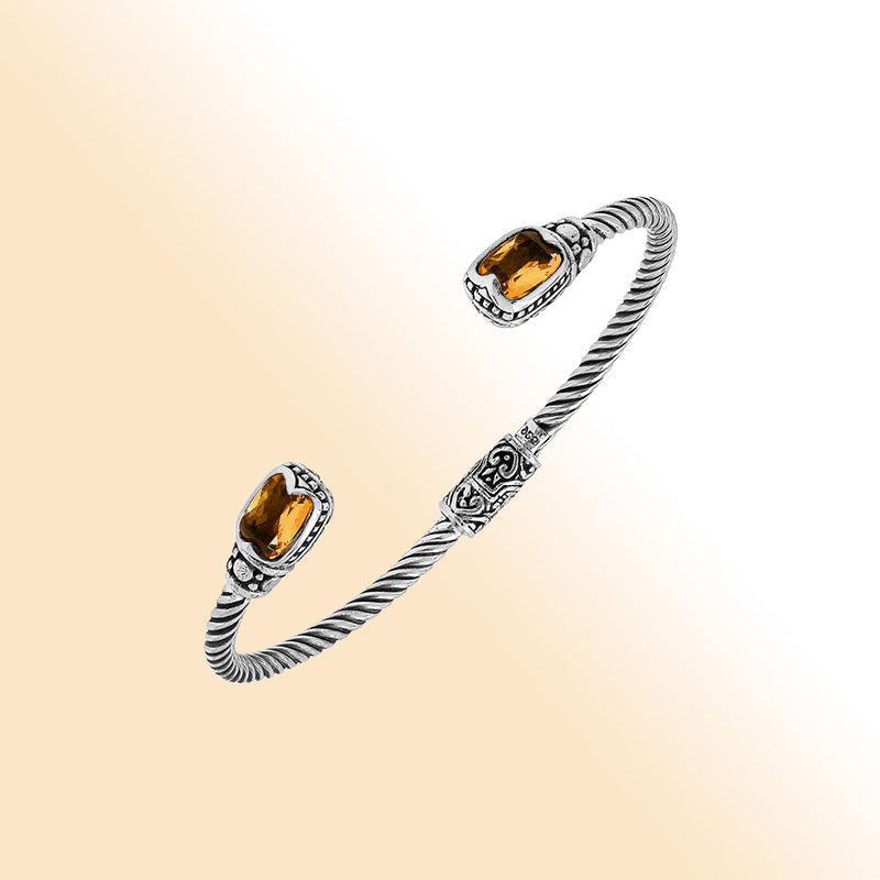 Sterling silver Balinese cuff bangle with Citrine Quartz accents and detailed scrollwork.