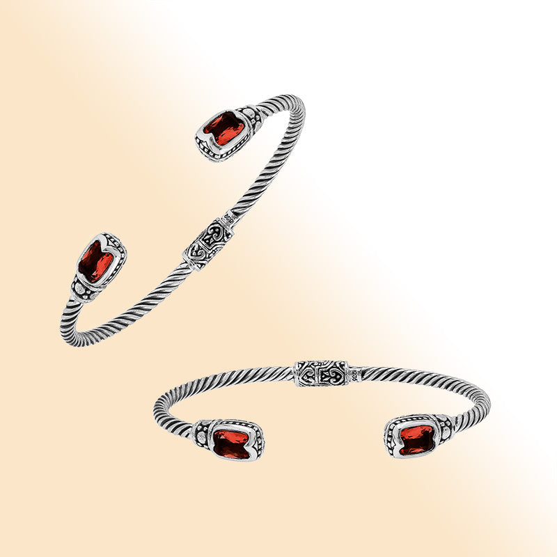 Sterling silver Balinese cuff bangle with Garnet Quartz accents and ornate scroll design.