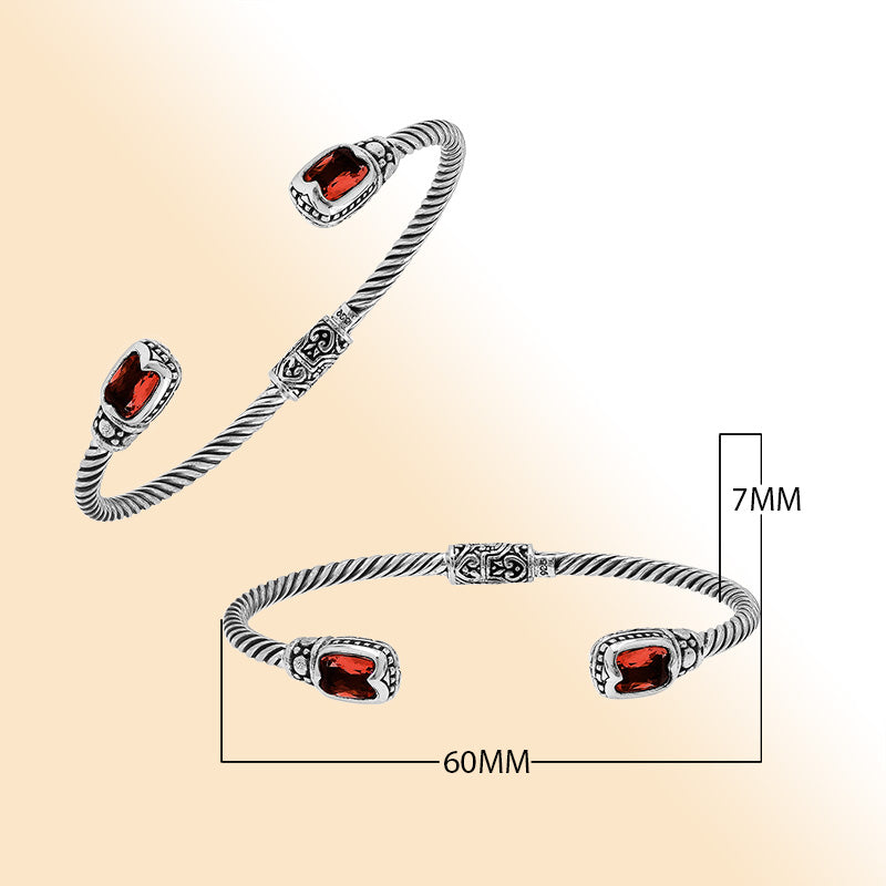 Sterling silver Balinese cuff bangle with Garnet Quartz accents and ornate scroll design.
