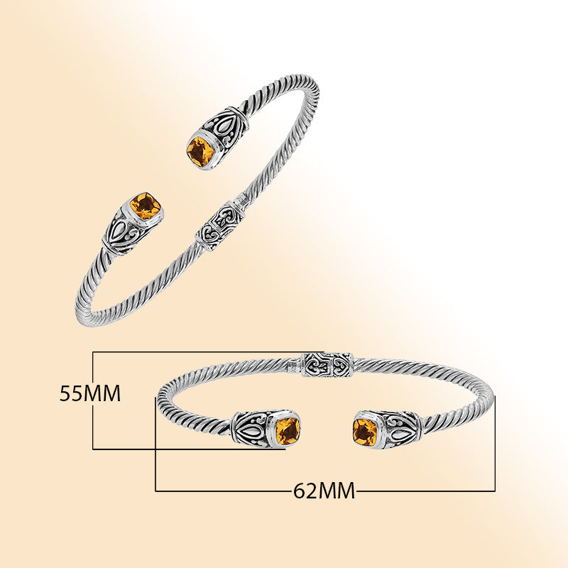 Sterling silver Balinese cuff bangle with Citrine Quartz accents and ornate scroll design.