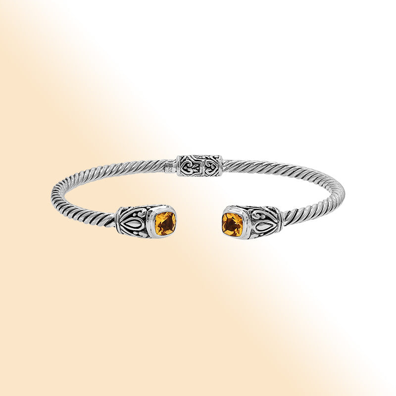 Sterling silver Balinese cuff bangle with Citrine Quartz accents and ornate scroll design.