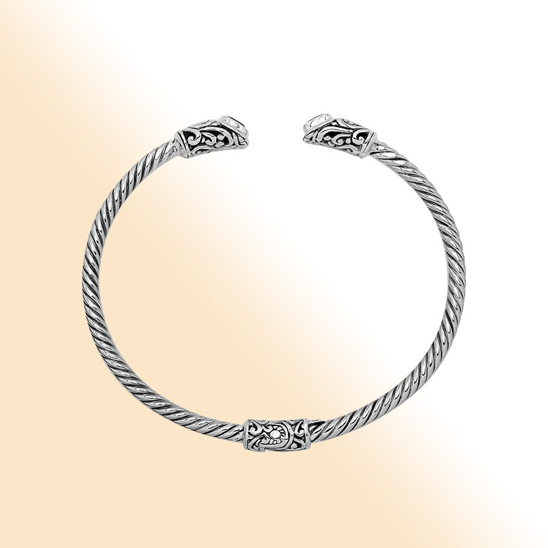 Sterling silver Balinese cuff bangle with Citrine Quartz accents and ornate scroll design.