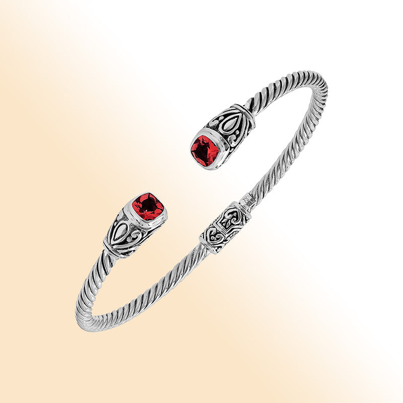 Sterling silver Balinese cuff bangle with Garnet Quartz accents and ornate scroll design.